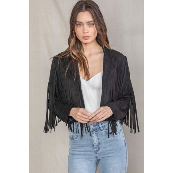 SOLD OUT Black Faux Leather Suede Fringe Cropped Western Boho Moto Jacket - Picture 2 of 8